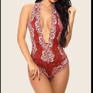 Sexy Semi-Sheer Flowers Embroidered Front Plunge Bodysuit /Teddy Open Back 1PC